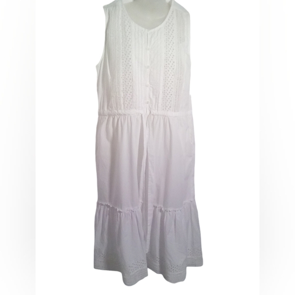 Lucky Brand Sophia White Eyelet Scoop Neck Sleeveless Tie Waist SunDress Large - Picture 3 of 8